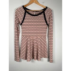 Free People Wavy Stripe Pointelle Peplum Long Sleeve Top Size S Peach Black
